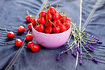 Image showing bowl of fresh red cherries