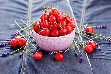 Image showing bowl of fresh red cherries