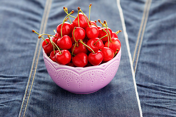 Image showing bowl of fresh red cherries