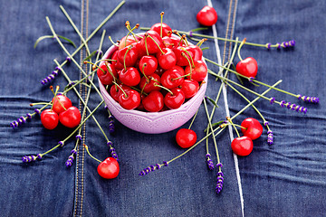 Image showing bowl of fresh red cherries