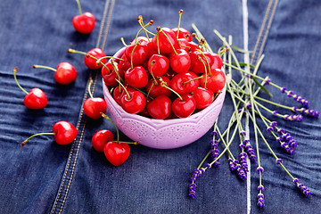 Image showing bowl of fresh red cherries