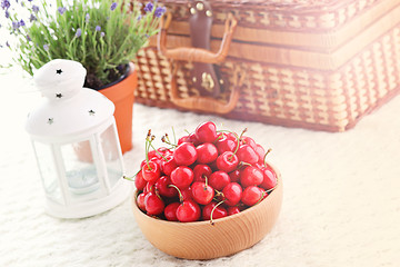 Image showing bowl of fresh red cherries