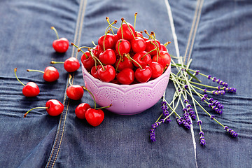 Image showing bowl of fresh red cherries