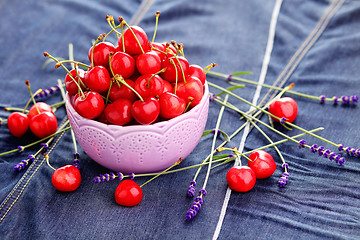 Image showing bowl of fresh red cherries