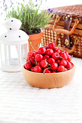 Image showing bowl of fresh red cherries