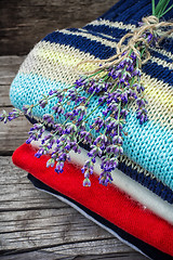 Image showing branches of blooming lavender and wool items