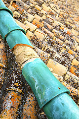 Image showing green old moroccan  tile roof in the old city 