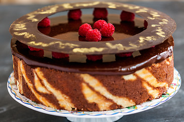 Image showing Chocolate cake with raspberries.