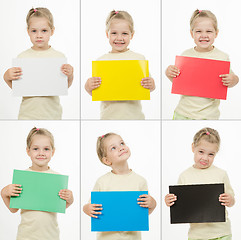 Image showing Collage of six portraits emotional girl with colored cards