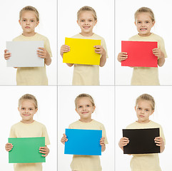 Image showing Collage of six portraits girls with different colored monochromatic cards