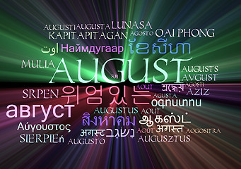 Image showing August multilanguage wordcloud background concept glowing