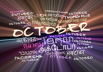 Image showing October multilanguage wordcloud background concept glowing