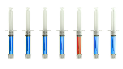 Image showing Red syringe among blue ones as right medical choice