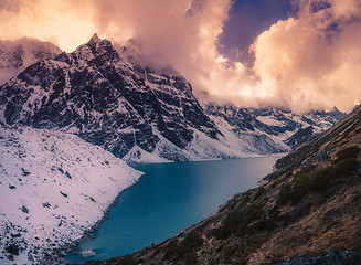 Image showing Panoramic view of sunset and lake in the Himalayas