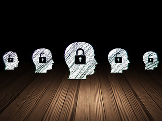 Image showing Business concept: head with padlock icon in grunge dark room