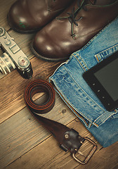 Image showing set of traveler with a digitizer, leather belt, rangefinder came