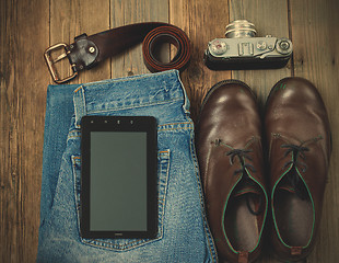 Image showing traveler set with a digitizer, leather belt, rangefinder camera,