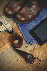 Image showing traveler set with a leather belt, digitizer, rangefinder camera,