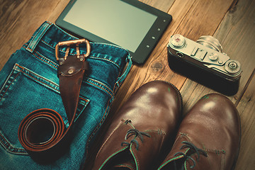 Image showing Set for the traveler with a digitizer, rangefinder camera, blue 