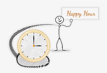 Image showing man with happy hour panel and clock