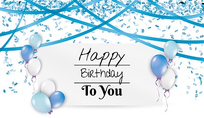 Image showing birthday card with balloons and ribbons