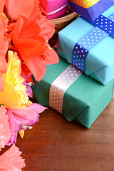 Image showing Sweet color flowers from mulberry paper whith holiday gift box