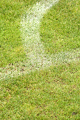 Image showing White stripe on the green soccer field from top view