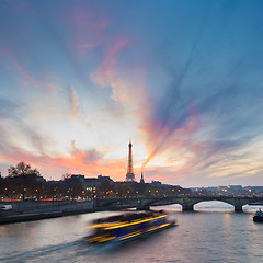 Image showing Sunset over Eiffel Tower and Seine river.