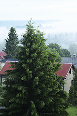 Image showing view of the small Finnish town in thick fog