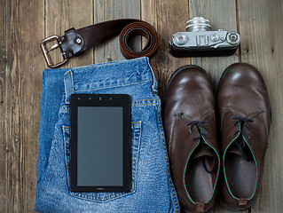 Image showing traveler set with a digitizer, leather belt, rangefinder camera,