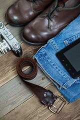 Image showing set of traveler with a digitizer, leather belt, rangefinder came