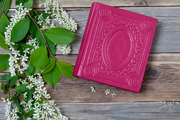 Image showing Blossoming bird-cherry and vintage book