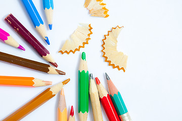 Image showing pencils and shavings on white background with copy space, close 