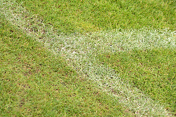 Image showing White stripe on the green soccer field from top view