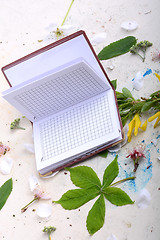 Image showing Blank paper notebook on white vintage background with scrapbooking elements