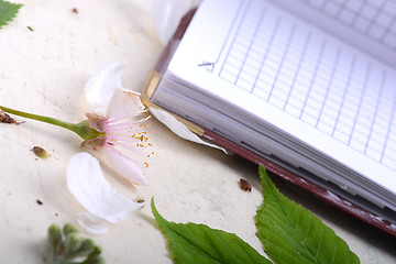 Image showing Blank paper notebook on white vintage background with scrapbooking elements