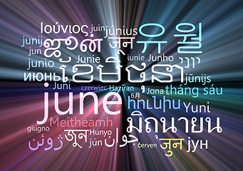 Image showing June multilanguage wordcloud background concept glowing