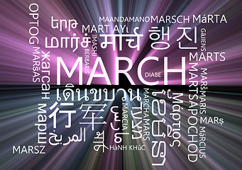 Image showing March multilanguage wordcloud background concept glowing