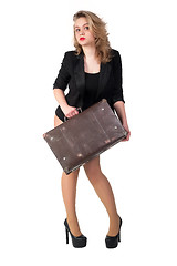 Image showing Pretty sexy blonde woman with old suitcase