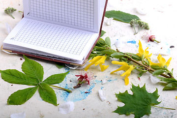 Image showing Blank paper notebook on white vintage background with scrapbooking elements