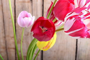 Image showing Bouquet of red tulips against a wooden background, close up flowers
