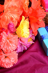 Image showing Sweet color flowers from mulberry paper whith holiday gift box