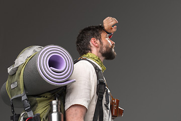 Image showing Portrait of a male fully equipped tourist 