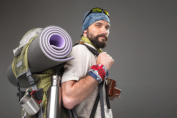 Image showing Portrait of a male fully equipped tourist 