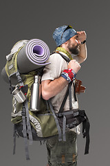 Image showing Portrait of a male fully equipped tourist 