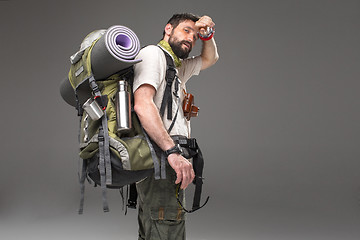 Image showing Portrait of a male fully equipped tourist 