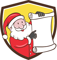 Image showing Santa Claus Paper Scroll Pointing Shield Cartoon