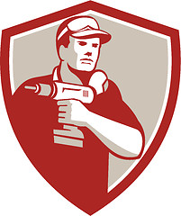 Image showing Handyman Holding Power Drill Crest Retro