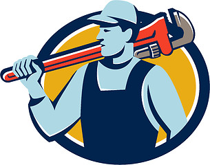 Image showing Plumber Monkey Wrench Shoulder Circle Retro