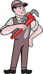 Image showing Plumber Pointing Monkey Wrench Standing Cartoon